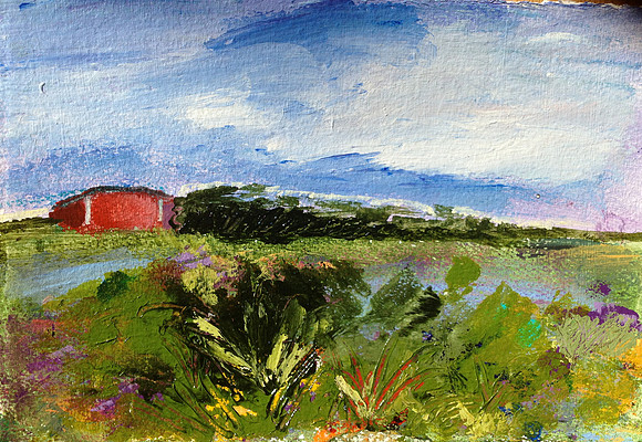 "Field with Red Shed" 7x11 acrylic on paper