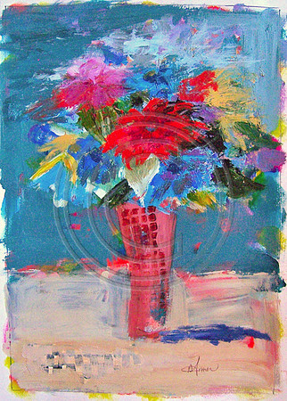 "Flowers in Red Vase" 8x12 acrylic on paper