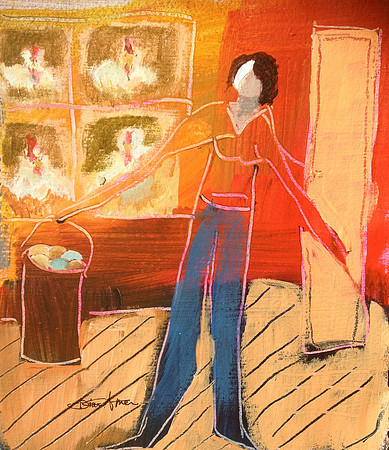 "Gathering Eggs" #2 6x8 acrylic on paper