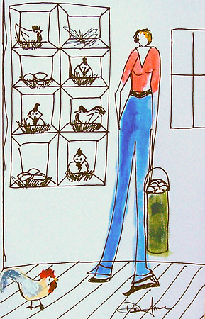"In the Chicken Coop" 4x6 ink and watercolor