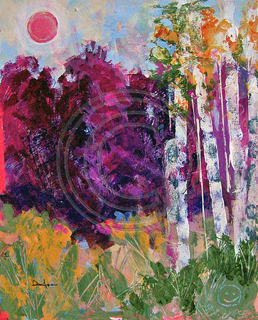 "Birch Trees and Red Sun" 9x11 acrylic on paper