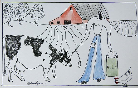 "Time for Milking" 5x8 ink and watercolor